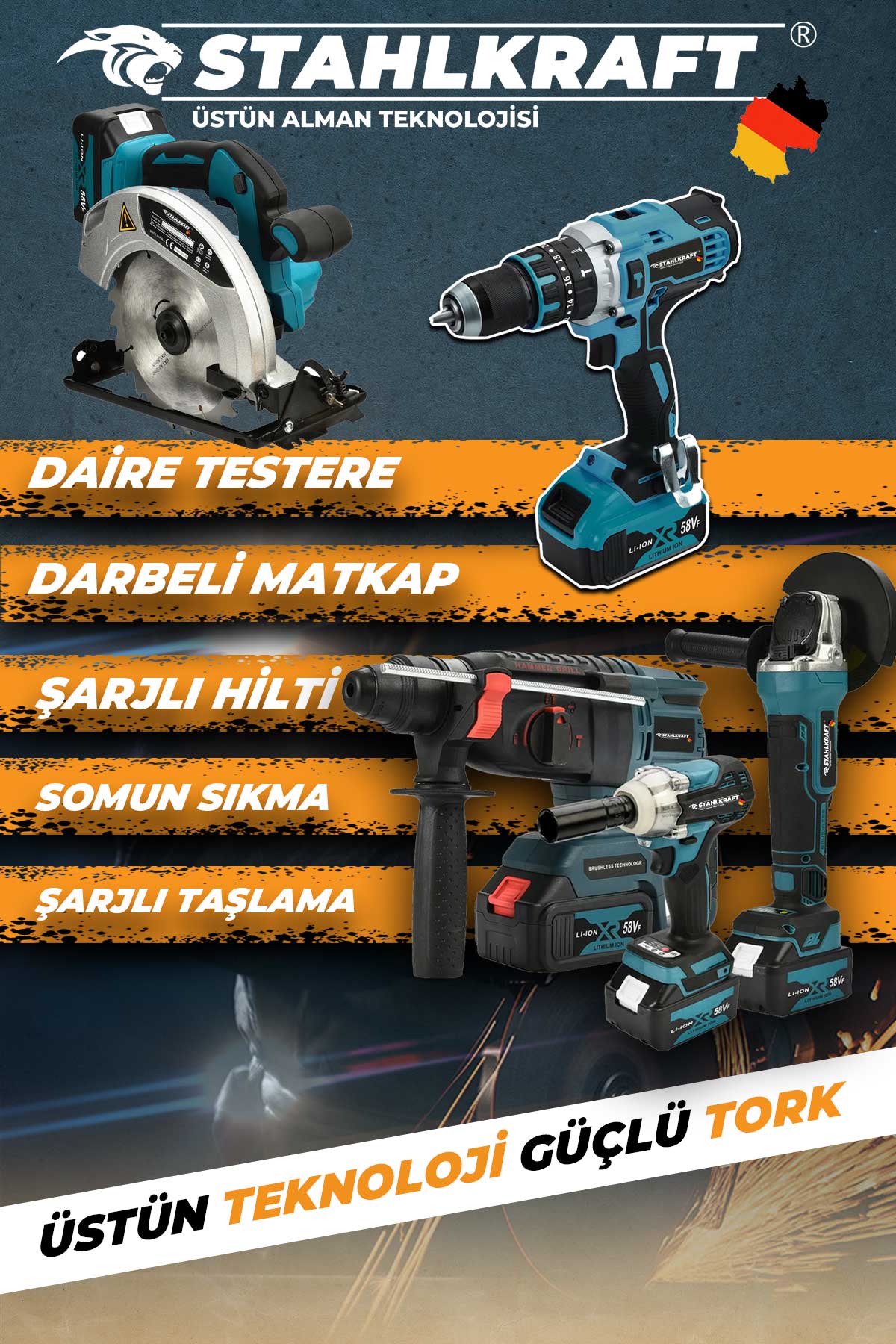 DAWREEK STH 9950 58 VF 6 Lı MAX Plus Set Somun Sıkma + Hilti + Matkap + Taşlama + Daire Testeresi + Power bank fener