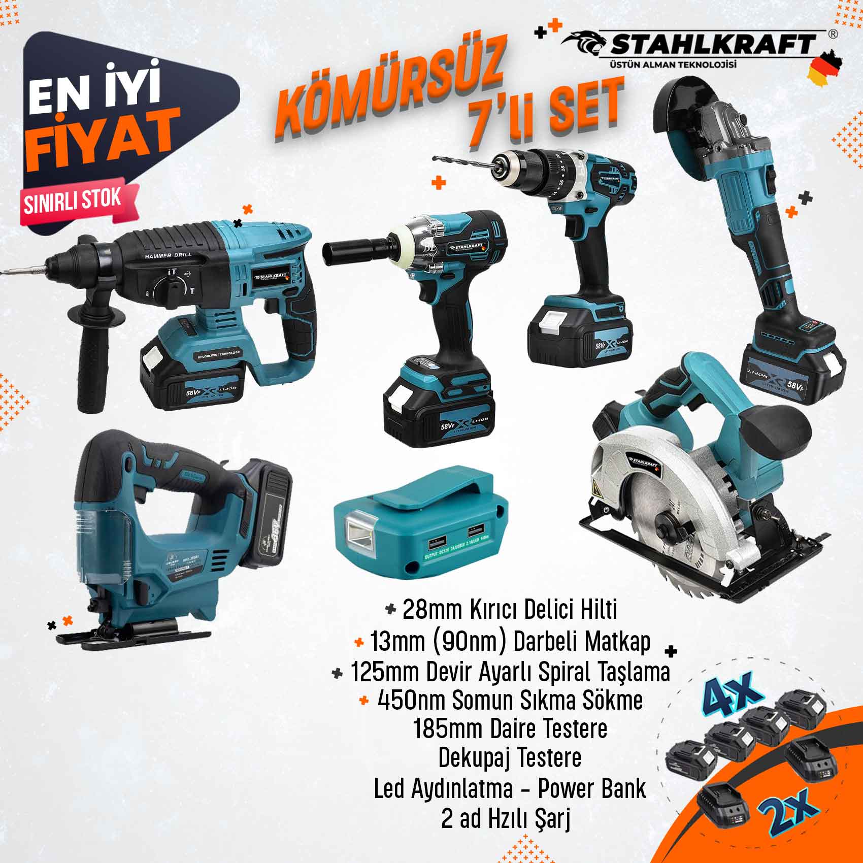 DAWREEK STH 9949 58 VF 7 Lü MAX Plus Set Somun Sıkma + Hilti + Matkap + Taşlama + Daire Testeresi + Dekupaj + Power bank fener